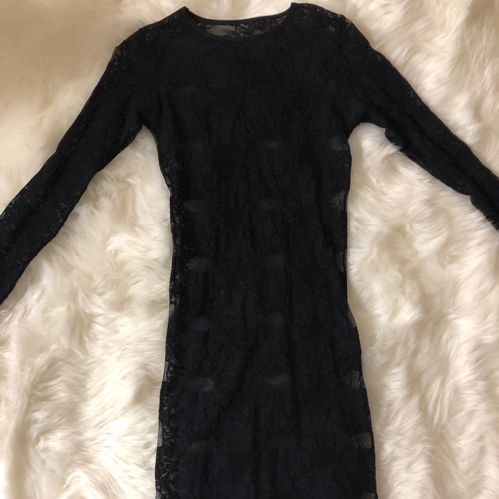 Long sleeve black lace see through dress